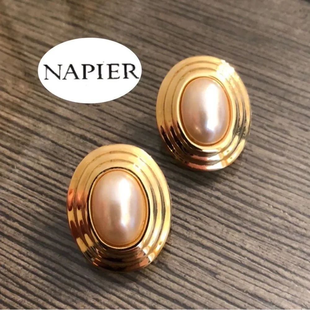 Vintage NAPIER Oval Button Earrings Faux Pearl Center